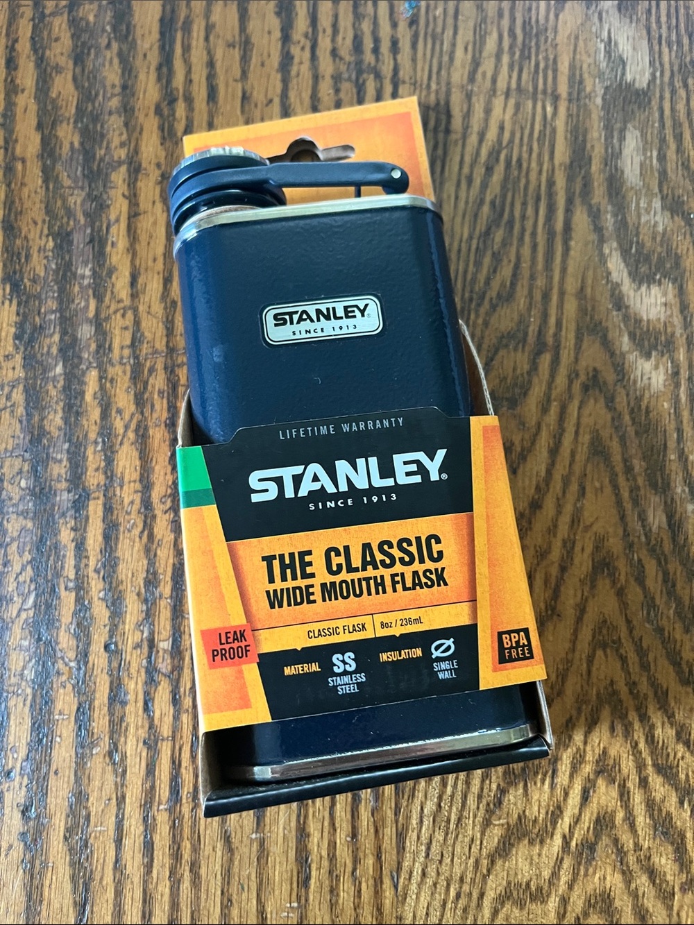 Stanley Black Classic Wide Mouth Flask with Orange Packaging